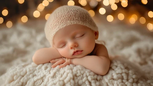 Newborn sleeps peacefully on textured blanket under warm lights
