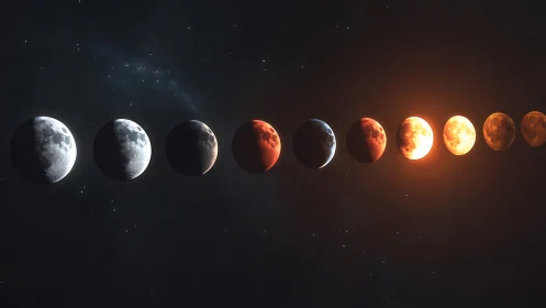 Lunar eclipse progression rendered with dramatic rim lighting.