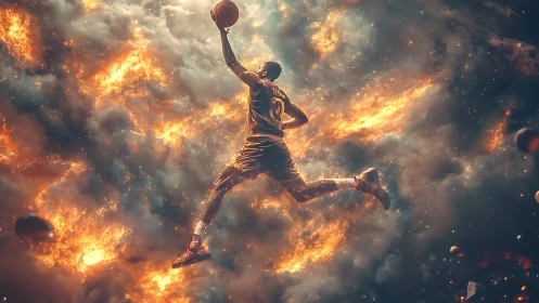 Soaring basketball player amid cosmic firestorm clouds.