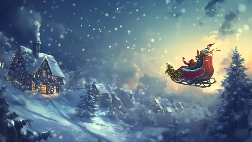 Santa sleigh silhouette over snow village at twilight snowfall