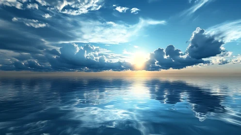 Sunlit cloudscape mirrored across tranquil open sea.