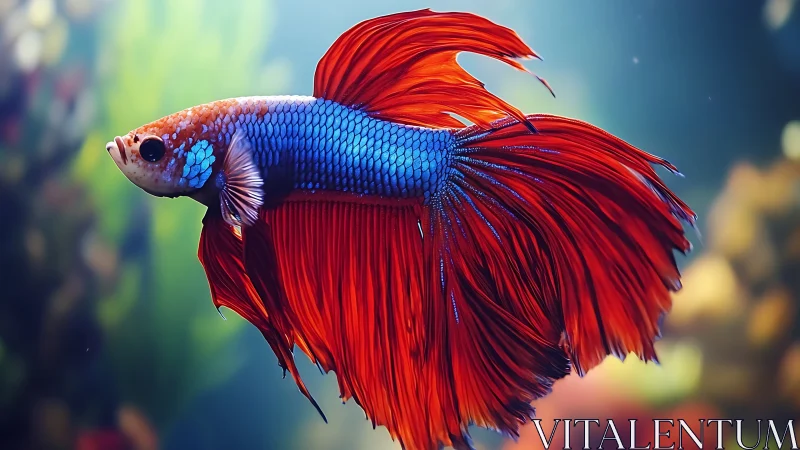 Scarlet betta prince unfurls royal fins in liquid light.