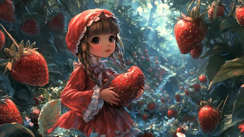 Young girl in red explores a magical strawberry forest.