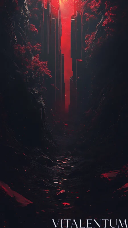 Crimson chasm corridor glows beneath a distant burning sky
