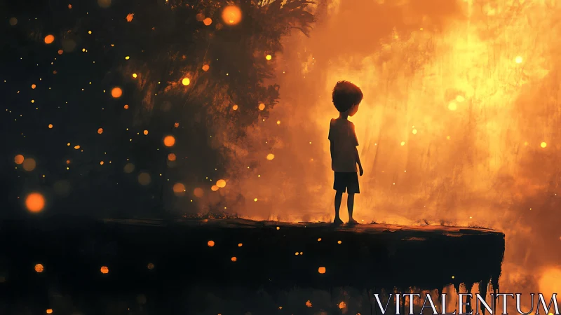 Silhouetted child on ledge before diffuse orange light field.