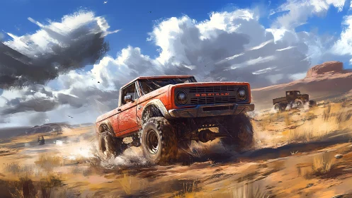 Red off road truck powers through dusty desert terrain.