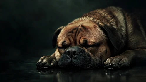 Sleeping brown dog on dark reflective surface at night.