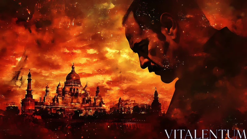 Contemplative male profile over burning baroque cityscape.