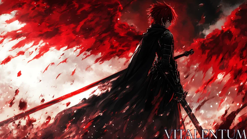 Crimson-winged swordsman stands amid abstract fiery vortex