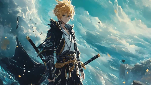 Golden-haired anime swordsman stands against turbulent skyscape