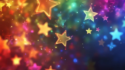 Colorful glowing star shapes on vibrant blurred background.