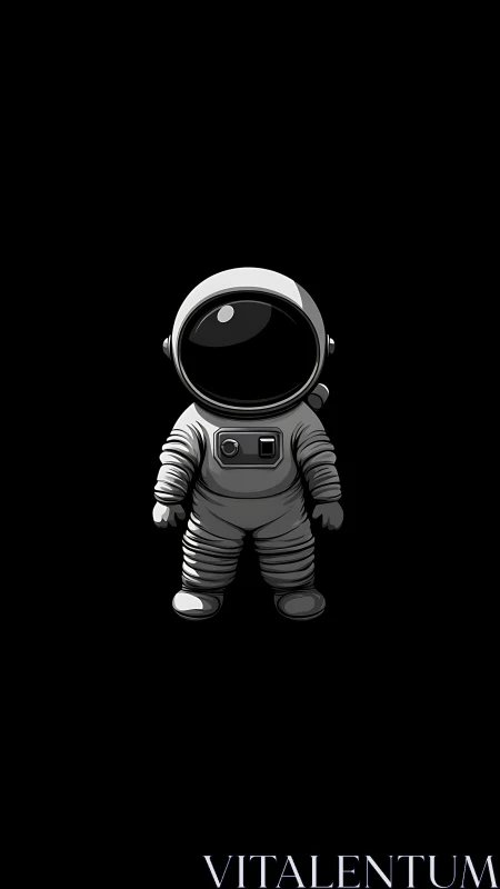 Minimalist chibi astronaut in monochrome suit on black field.