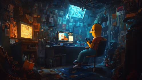 Cartoon coder in neon-lit cluttered room studies recursive screens