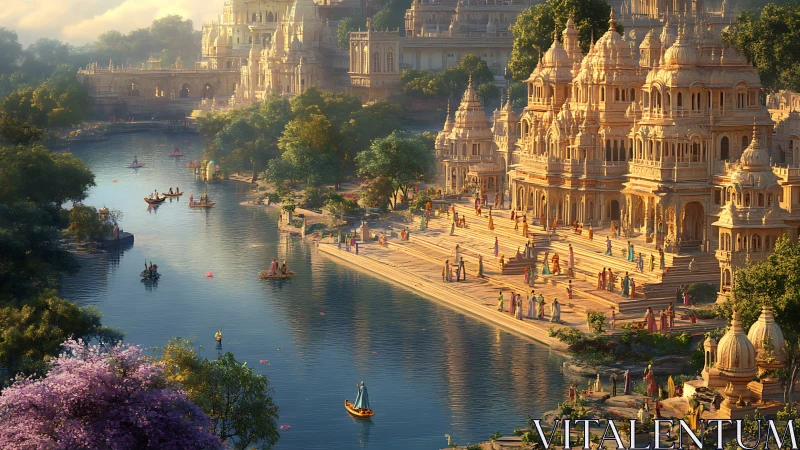 Golden riverside temples glow beside crowded ceremonial ghats