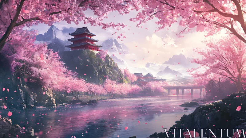 Digital painting of sakura valley river with tiered pagoda architecture.