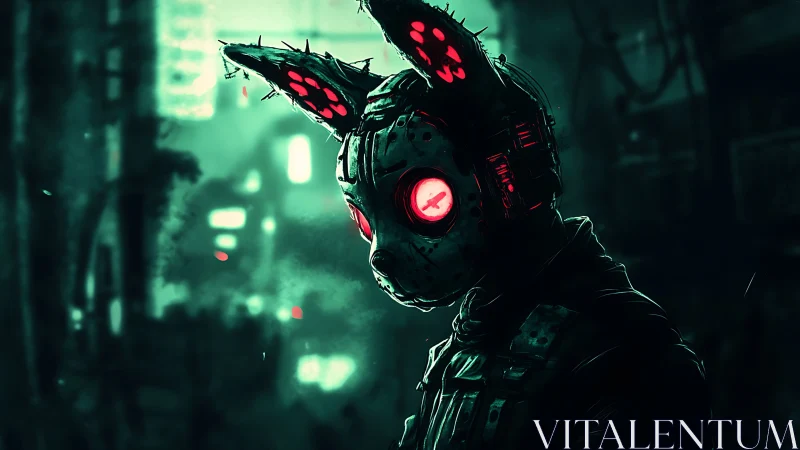 Cyberpunk rabbit-headed enforcer in neon-soaked alleyway portrait.