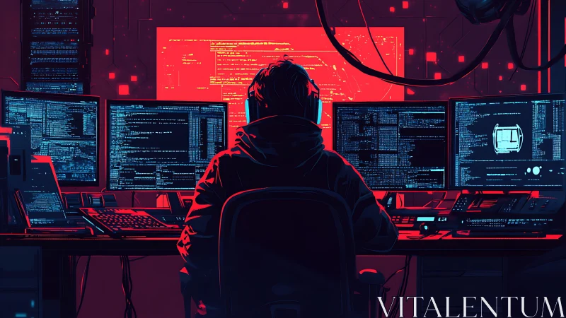 Hooded programmer monitors multiple code screens at night.