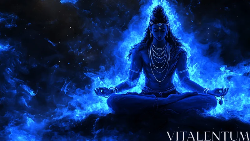 Blue luminous figure in lotus pose within swirling void.