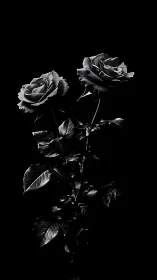 Two roses photographed in monochrome against black background