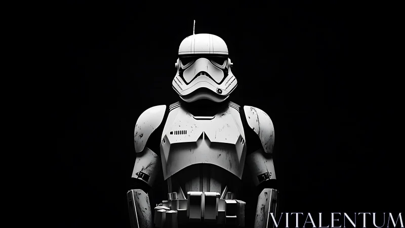 Armored sci fi soldier in frontal view on black background.