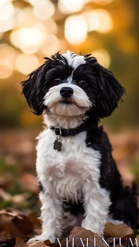 Bright-eyed black and white puppy enjoys a golden autumn day