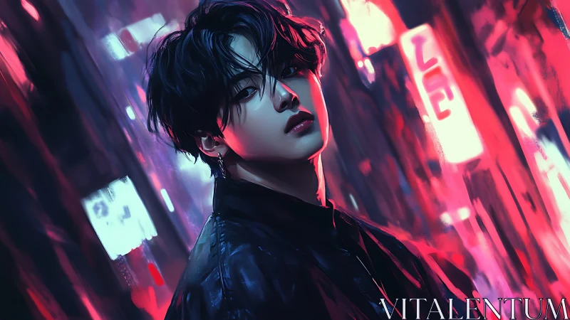 Neon city wanderer bathed in glowing midnight colors.