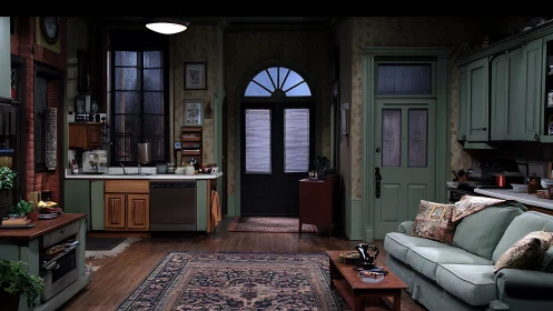 Interior view shows combined living room and kitchen set