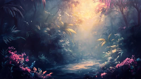 Luminous Forest Sanctuary Where Golden Light Bathes Mystical Gardens.