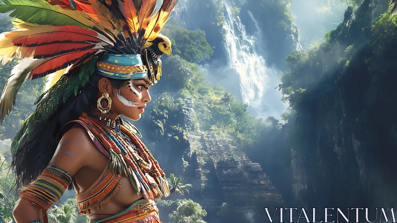 Jungle waterfall guardian in radiant feathered regalia.