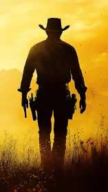 Lone cowboy strides into blazing sunset on open plain.