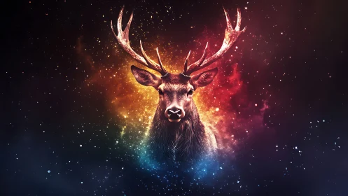 Cosmic stag portrait with radial nebula gradient and starfield integration