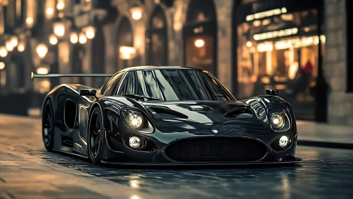 Midnight hypercar prowl under glowing city arcades.