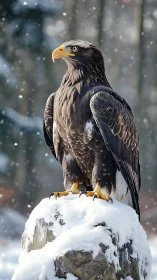 Regal brown eagle on snowcapped rock in gentle snowfall.