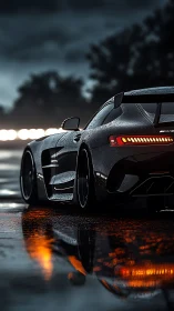 Midnight rain crowns the black supercar in molten neon