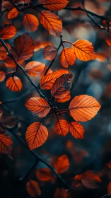 Macro study of orange autumn leaves on cool bokeh ground.