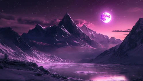 Violet moonlit mountains reflect across frozen mirrored lake.