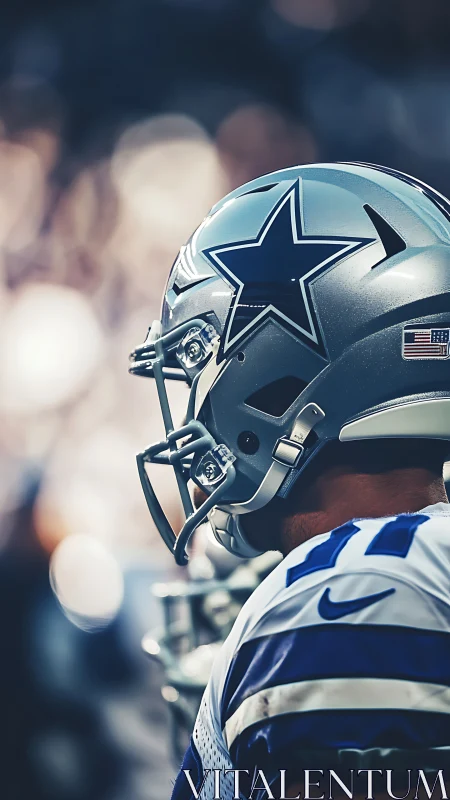Helmeted football player waits in glowing stadium light