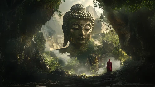 Monolithic Buddha head in misted gorge with robed pilgrim.