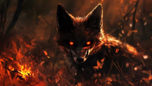 Demonic fox portrait rendered in high-contrast digital firelight