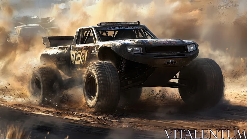 Off-road racing truck powers through dense drifting dust