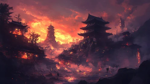 Multi-tiered pagoda complex burns under dense orange sky