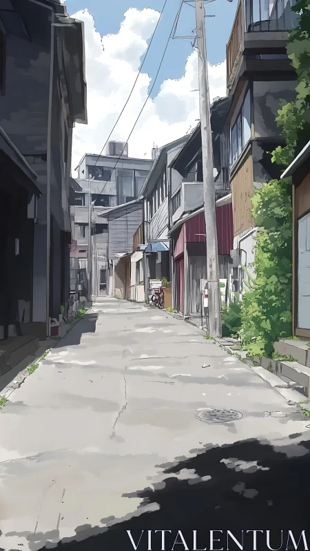 Narrow urban alley with low-rise buildings in daylight.