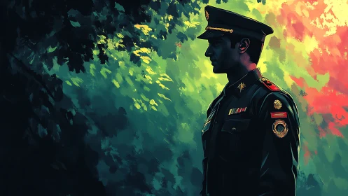 Officer in profile amid luminous painterly forest glow.