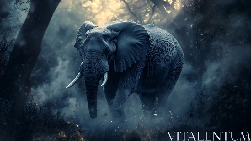 Solitary elephant in dense misted forest environment.