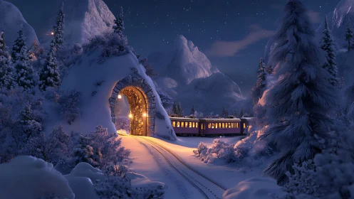Warm-lit mountain train emerges from snowy tunnel at night