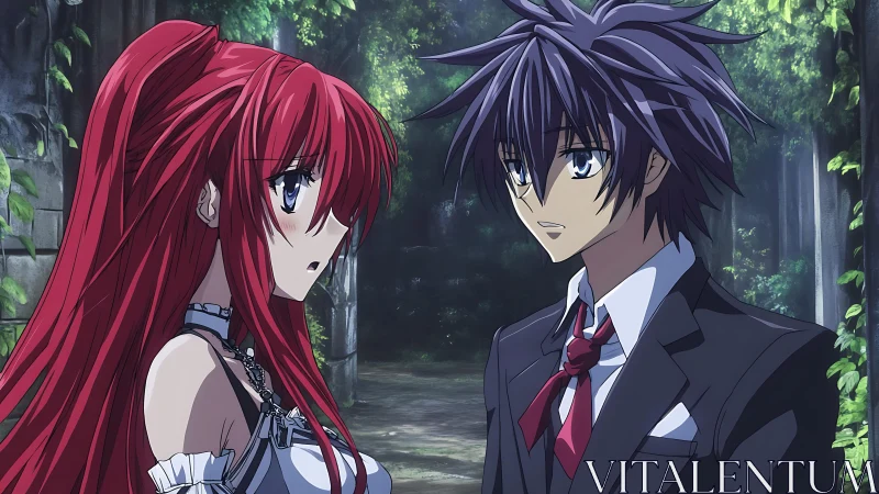 Anime couple framed by lush forest ruins in soft daylight