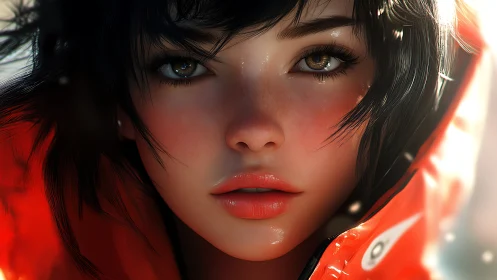 Intense close-up portrait of girl in glowing orange hood.