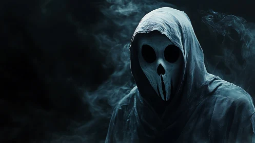 Hooded skull-masked specter emerges from swirling blue smoke