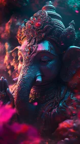 Radiant Ganesha statue glows in mystical neon ambience