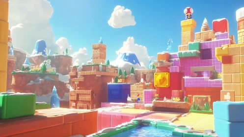 Colorful block canyon hosts platformer characters under sun